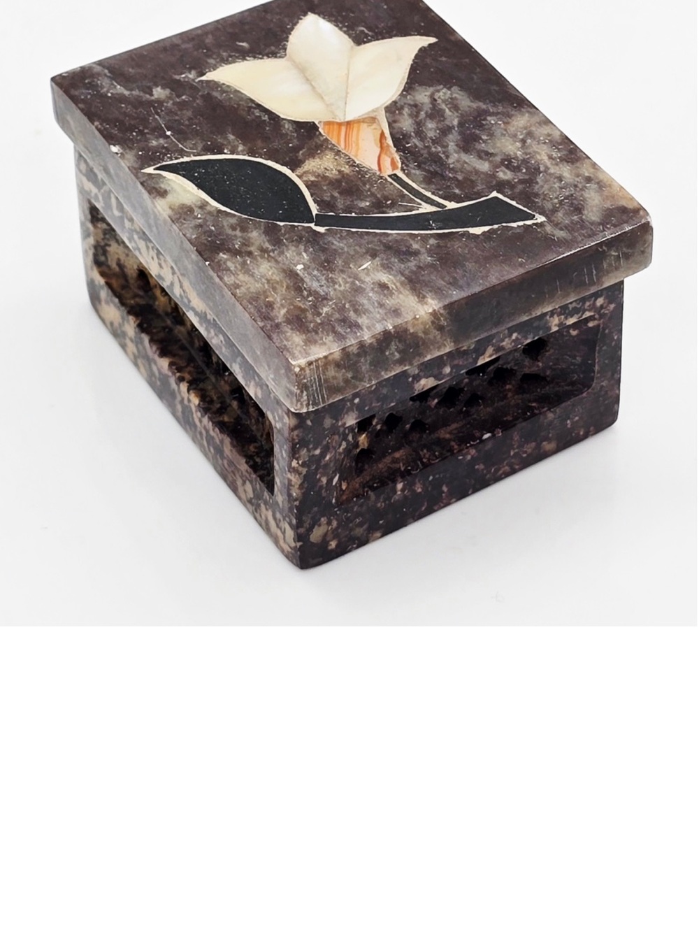 Vintage Soapstone Trinket Box Mother of Pearl Floral Inlay Jewelry Box